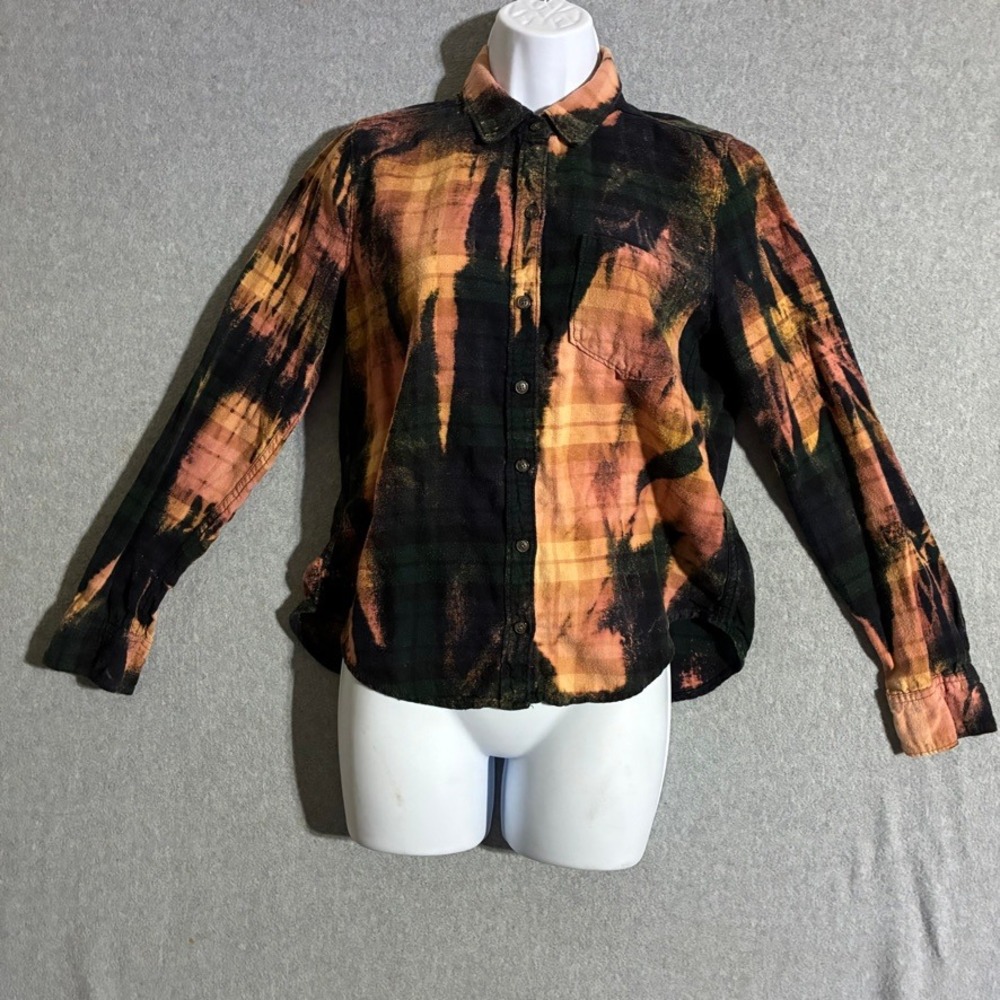 Franklin Flannels Upcycled Bleach Dye Plaid Shirt Womens Small Green Orange Boho
